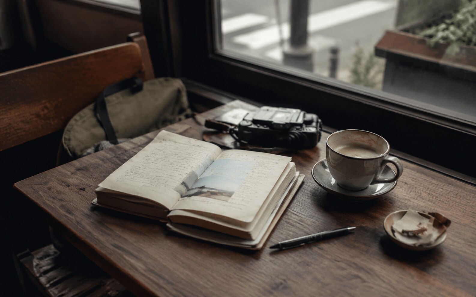旅行回来,故事才写到一半 窗边咖啡桌上的相机与旅行手账生活记录