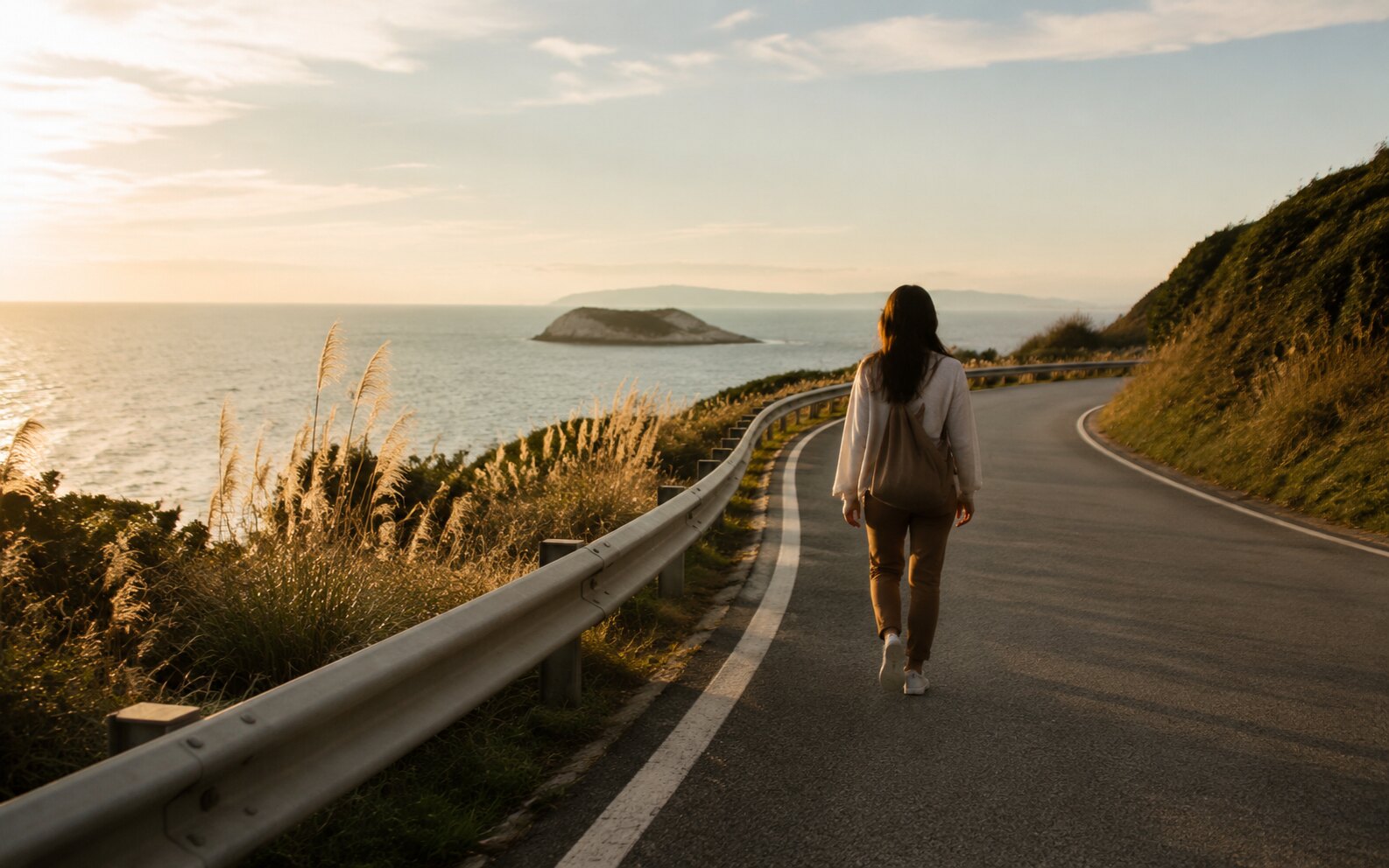 沿着海风,把行程留白 旅行者沿黄昏海岸公路步行的周末旅行画面