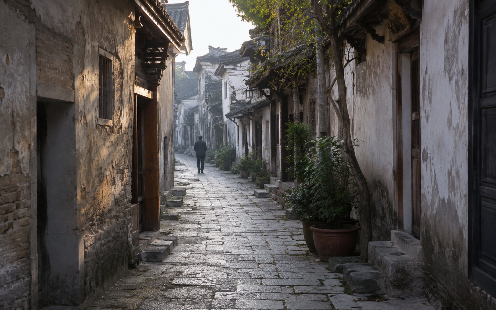 天亮以前,先去看看一座城 晨光照进安静老城巷道的城市散步画面